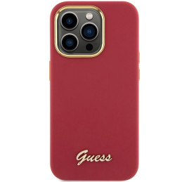 Guess Silicone Script metalinis logotipas ir rėmelis iPhone 15 Pro - raudonas