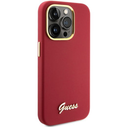 Guess Silicone Script metalinis logotipas ir rėmelis iPhone 15 Pro - raudonas
