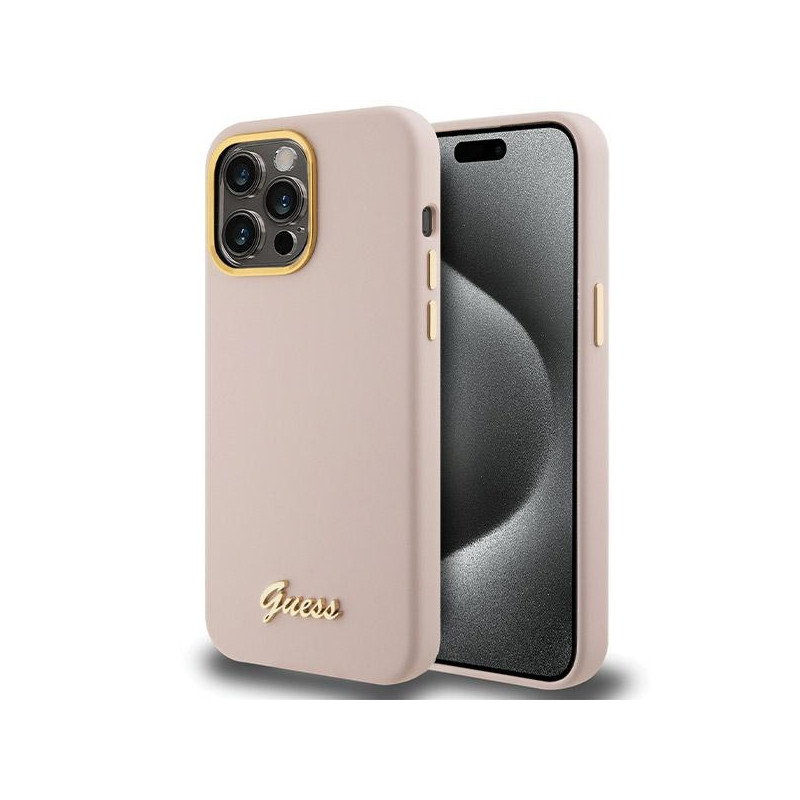 Guess Silicone Script Metal Logo & Frame dėklas iPhone 15 Pro - rožinis