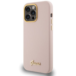 Guess Silicone Script Metal Logo & Frame dėklas iPhone 15 Pro - rožinis