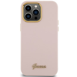Guess Silicone Script Metal Logo & Frame dėklas iPhone 15 Pro - rožinis