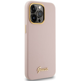 Guess Silicone Script Metal Logo & Frame dėklas iPhone 15 Pro - rožinis