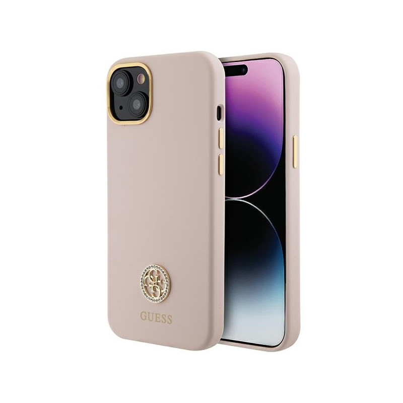 Guess Silicone Logo Strass 4G dėklas iPhone 15 - šviesiai rožinis