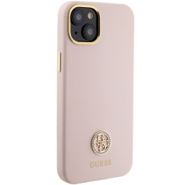 Guess Silicone Logo Strass 4G dėklas iPhone 15 - šviesiai rožinis