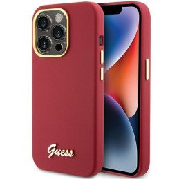 Guess Silicone Script Metal Logo & Frame dėklas, skirtas iPhone 15 Pro Max - raudonas