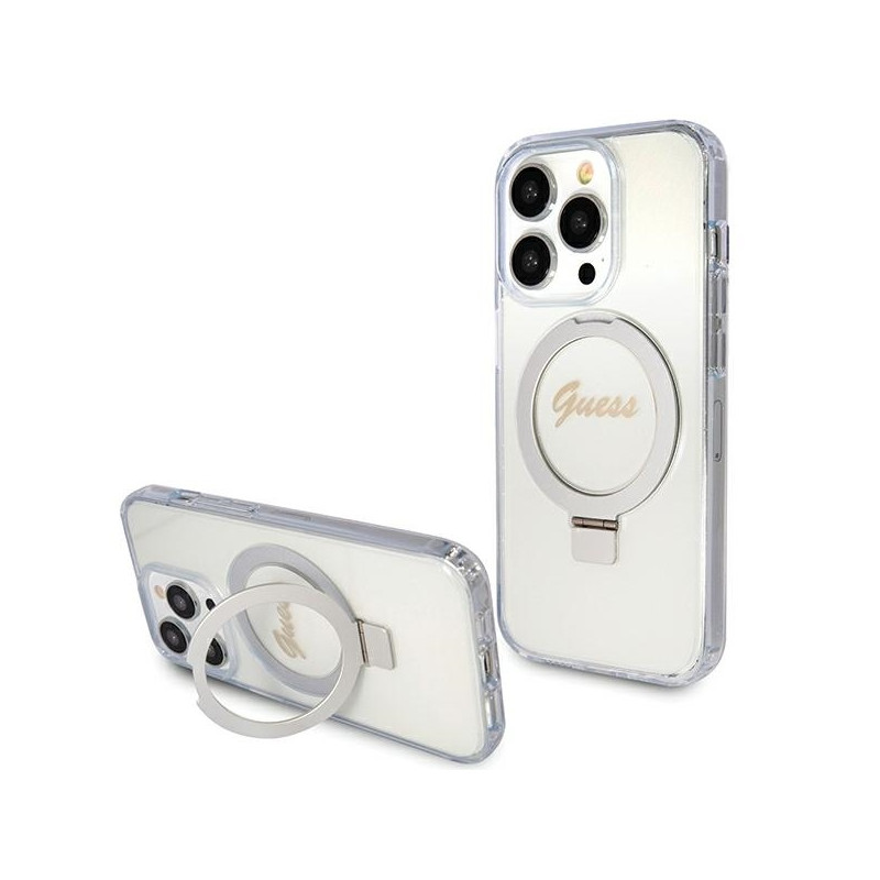 Guess Ring Stand Script Glitter MagSafe dėklas iPhone 15 Pro - skaidrus
