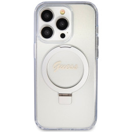 Guess Ring Stand Script Glitter MagSafe dėklas iPhone 15 Pro - skaidrus