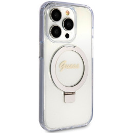Guess Ring Stand Script Glitter MagSafe dėklas iPhone 15 Pro - skaidrus