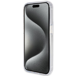 Guess Ring Stand Script Glitter MagSafe dėklas iPhone 15 Pro - skaidrus