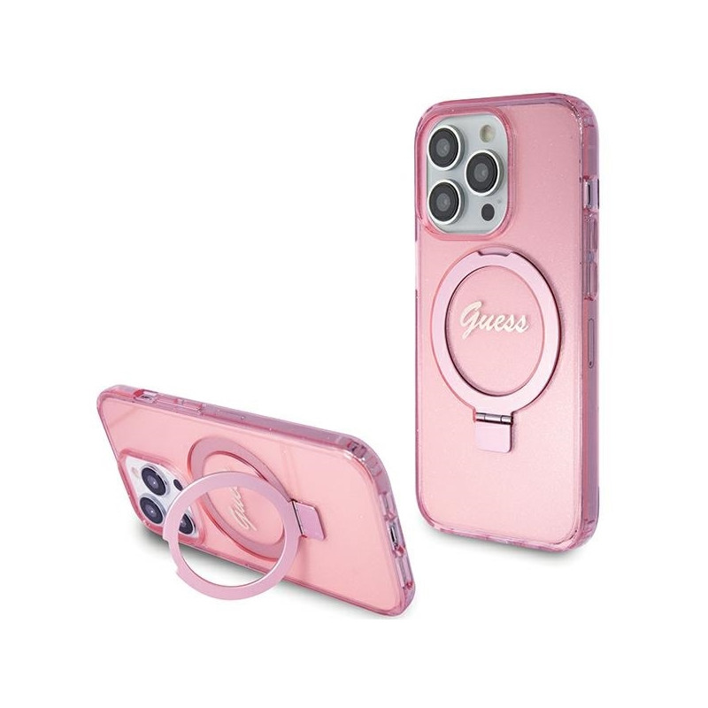 Guess Ring Stand Script Glitter MagSafe dėklas iPhone 15 Pro - rožinis