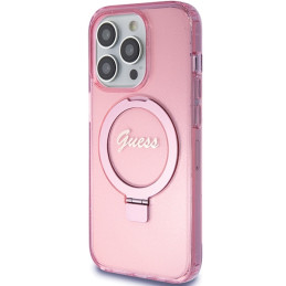 Guess Ring Stand Script Glitter MagSafe dėklas iPhone 15 Pro - rožinis
