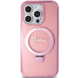 Guess Ring Stand Script Glitter MagSafe dėklas iPhone 15 Pro - rožinis