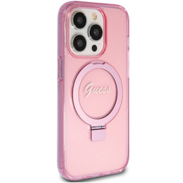 Guess Ring Stand Script Glitter MagSafe dėklas iPhone 15 Pro - rožinis