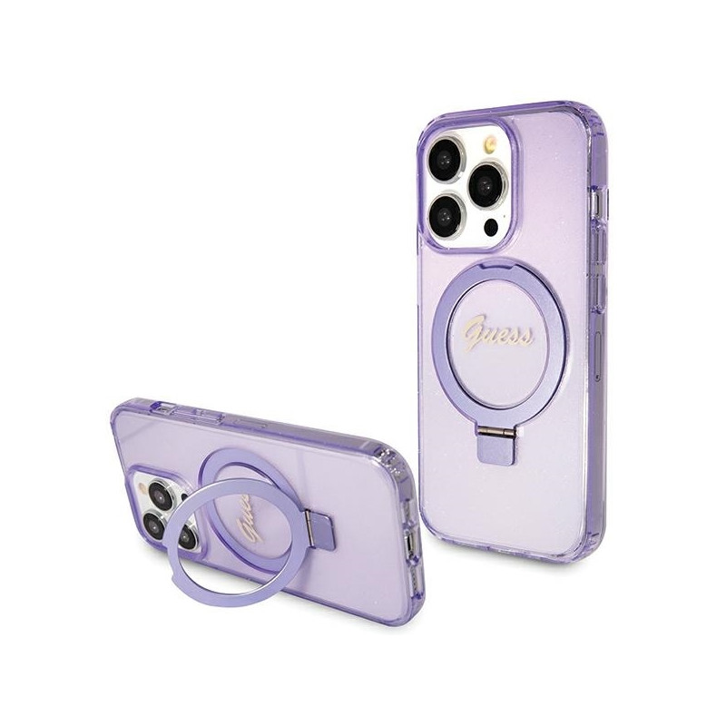 Guess Ring Stand Script Glitter MagSafe dėklas, skirtas iPhone 15 Pro - violetinė