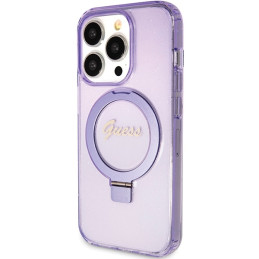 Guess Ring Stand Script Glitter MagSafe dėklas, skirtas iPhone 15 Pro - violetinė