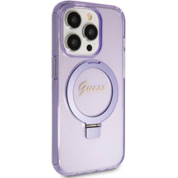 Guess Ring Stand Script Glitter MagSafe dėklas, skirtas iPhone 15 Pro - violetinė