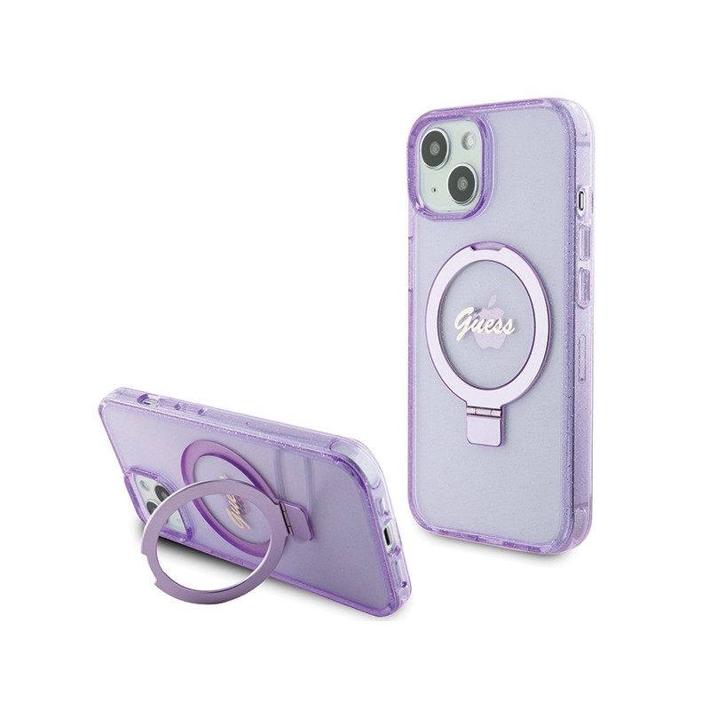 Guess Ring Stand Script Glitter MagSafe dėklas, skirtas iPhone 15 Plus / 14 Plus - violetinė