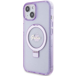 Guess Ring Stand Script Glitter MagSafe dėklas, skirtas iPhone 15 Plus / 14 Plus - violetinė
