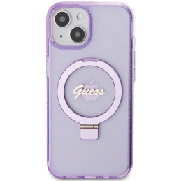 Guess Ring Stand Script Glitter MagSafe dėklas, skirtas iPhone 15 Plus / 14 Plus - violetinė