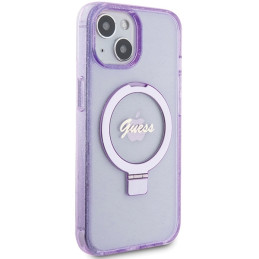 Guess Ring Stand Script Glitter MagSafe dėklas, skirtas iPhone 15 Plus / 14 Plus - violetinė