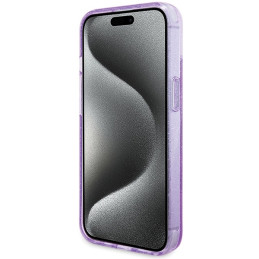 Guess Ring Stand Script Glitter MagSafe dėklas, skirtas iPhone 15 Plus / 14 Plus - violetinė