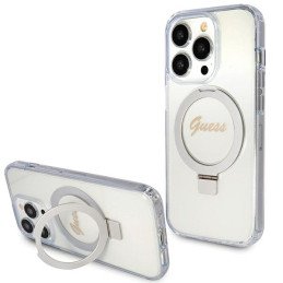 Guess Ring Stand Script Glitter MagSafe dėklas iPhone 15 Pro Max - skaidrus