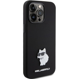 Karl Lagerfeld Silicone Choupette Metal Pin dėklas iPhone 15 Pro - juodas