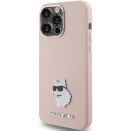 Karl Lagerfeld Silicone Choupette Metal Pin dėklas iPhone 15 Pro - rožinis