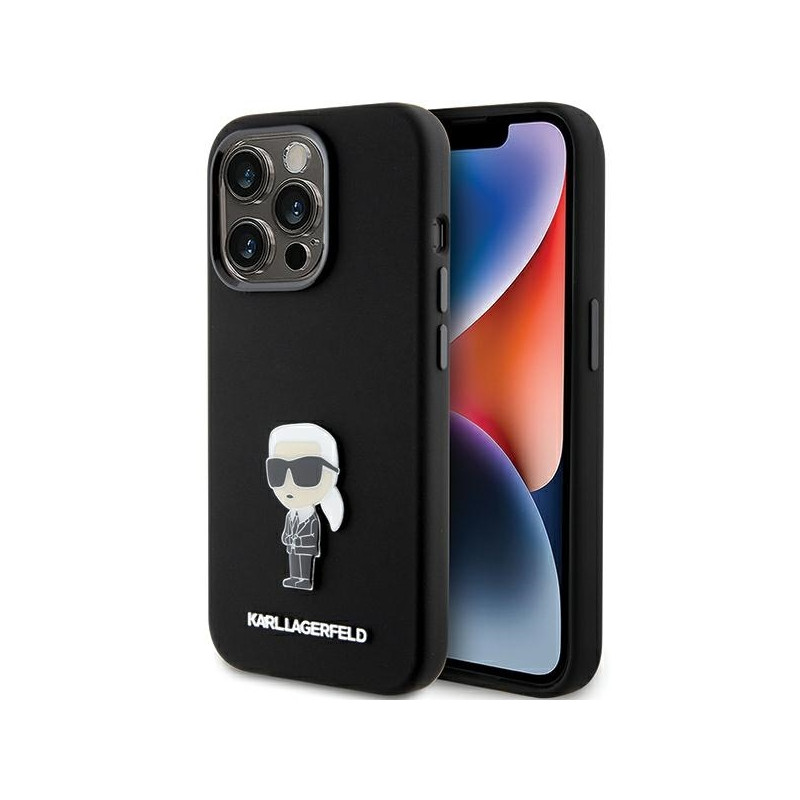 Karl Lagerfeld Silicone Ikonik Metal Pin dėklas iPhone 15 Pro - juodas