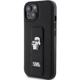 Karl Lagerfeld Gripstand Saffiano Karl&Choupette Pins dėklas, skirtas iPhone 15 Plus / 14 Plus - juodas