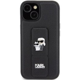 Karl Lagerfeld Gripstand Saffiano Karl&Choupette Pins dėklas, skirtas iPhone 15 Plus / 14 Plus - juodas