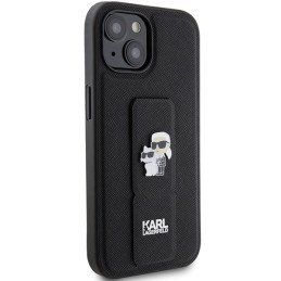 Karl Lagerfeld Gripstand Saffiano Karl&Choupette Pins dėklas, skirtas iPhone 15 Plus / 14 Plus - juodas