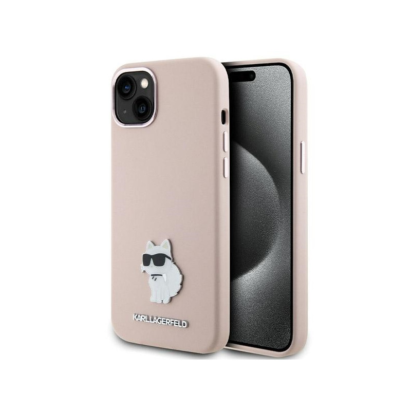 Karl Lagerfeld silikoninis Choupette metalinis dėklas, skirtas iPhone 15 Plus / 14 Plus – rožinis