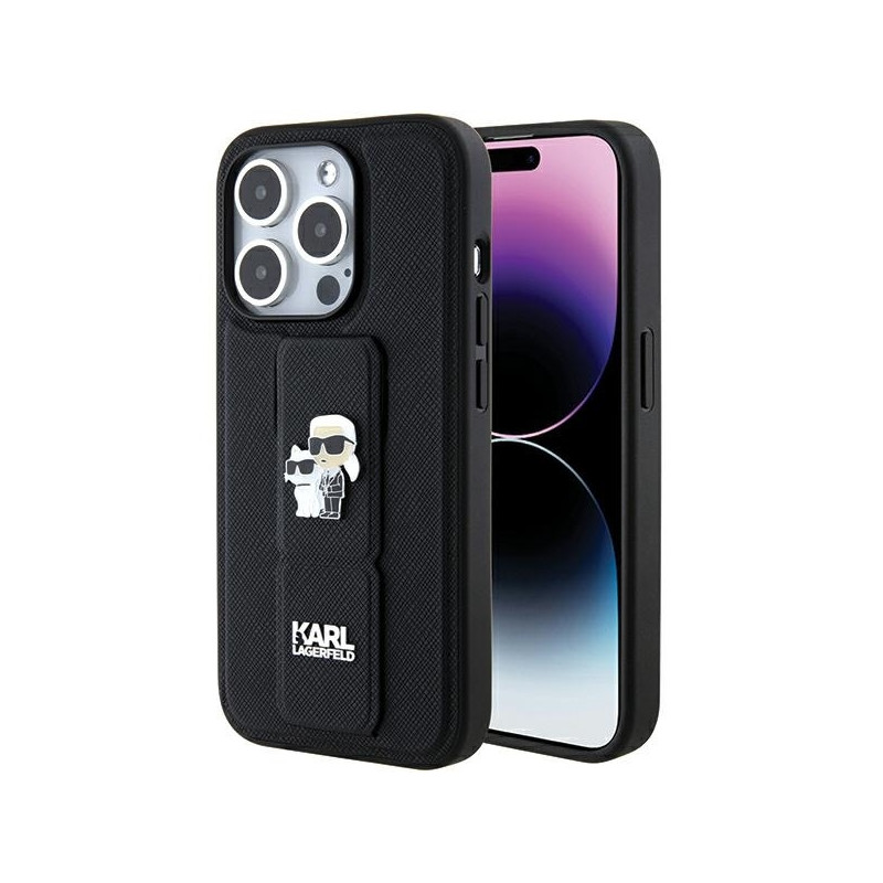 Karl Lagerfeld Gripstand Saffiano Karl&Choupette Pins dėklas, skirtas iPhone 15 Pro Max - juodas