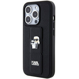Karl Lagerfeld Gripstand Saffiano Karl&Choupette Pins dėklas, skirtas iPhone 15 Pro Max - juodas