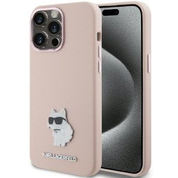 Karl Lagerfeld Silicone Choupette Metal Pin dėklas iPhone 15 Pro Max - rožinis