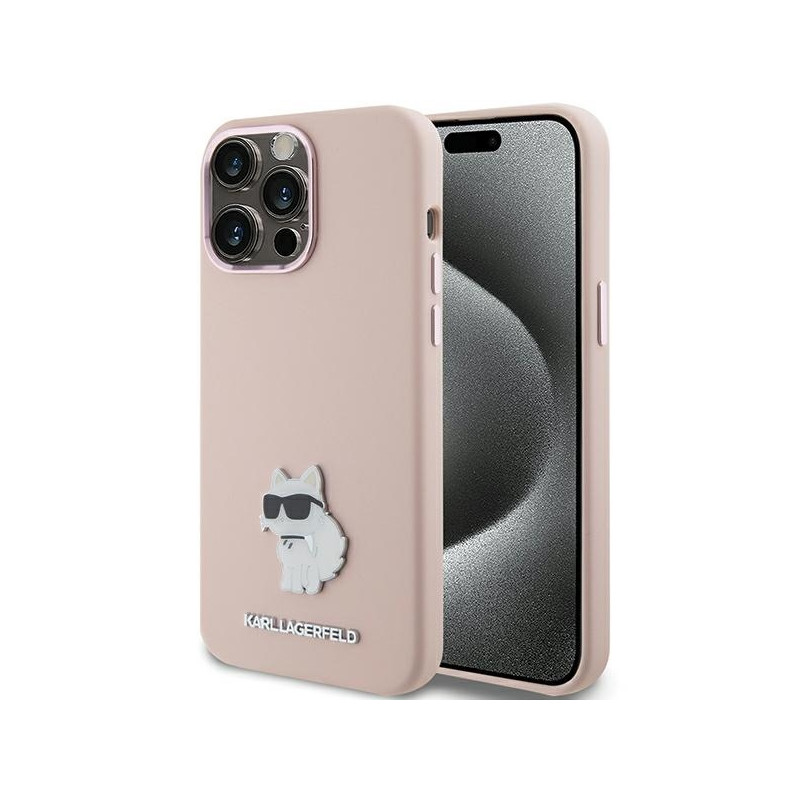 Karl Lagerfeld Silicone Choupette Metal Pin dėklas iPhone 15 Pro Max - rožinis