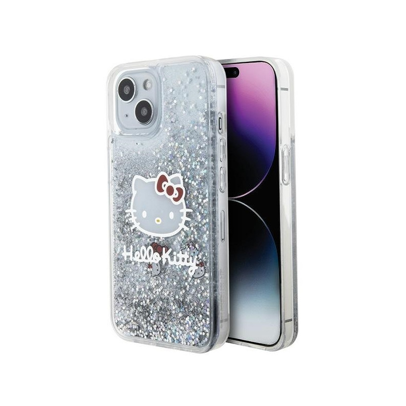 Hello Kitty Liquid Glitter Charms Kitty Head dėklas iPhone 15 - sidabrinis