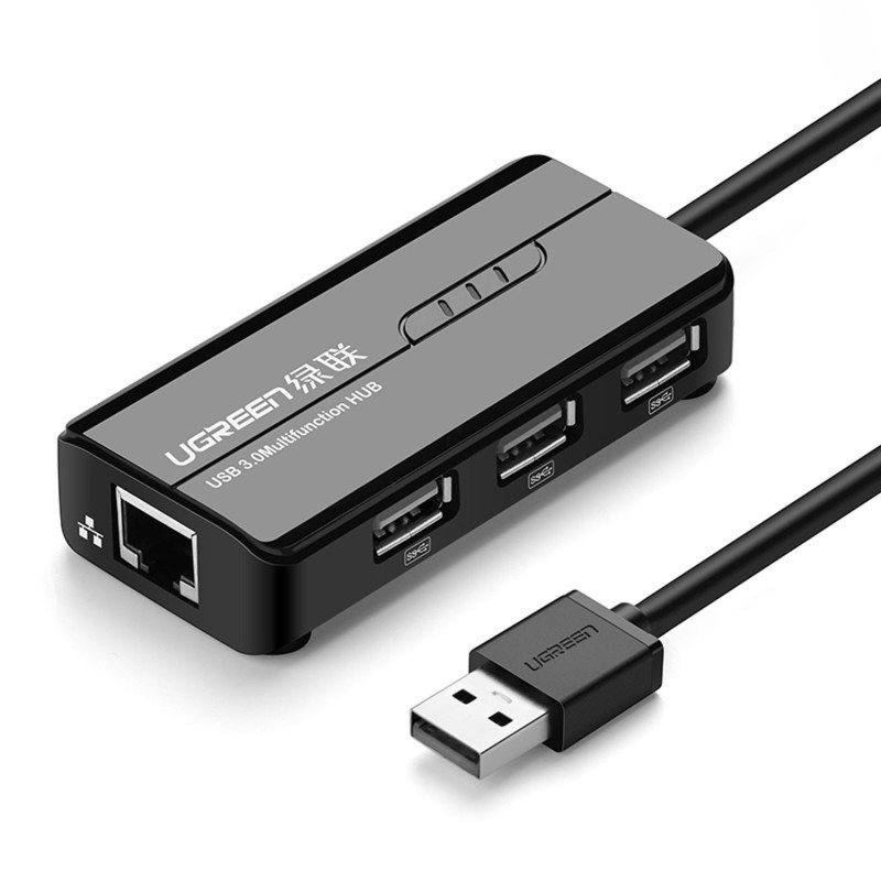 Ugreen 20264 RJ45 / USB-A 10/ 100Mbps HUB tinklo adapteris 3x USB-A 2.0 – juodas