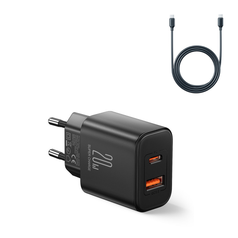 EU Joyroom JR-TCF05 20W USB-A USB-C įkroviklis + USB-C laidas - juodas