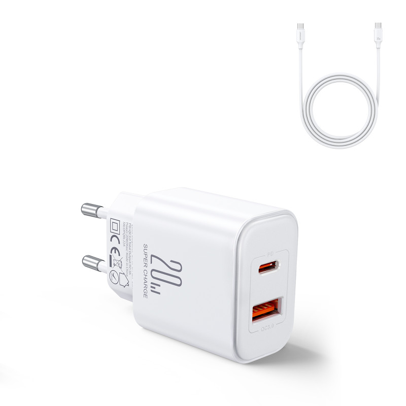 EU Joyroom JR-TCF05 20W USB-A USB-C įkroviklis + USB-C laidas - baltas