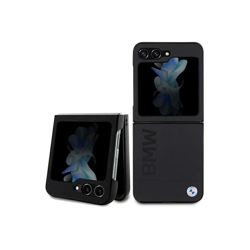 BMW Leather Hot Stamp dėklas, skirtas Samsung Galaxy Z Flip 5 - juodas