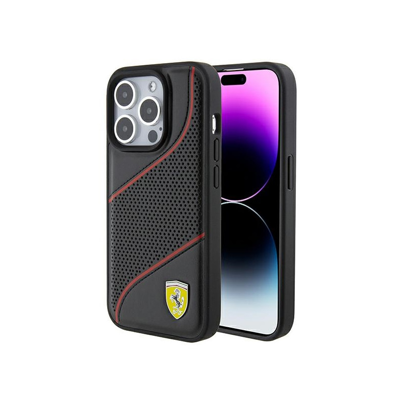 Ferrari Perforated Waves Metal Logo dėklas, skirtas iPhone 15 Pro - juodas