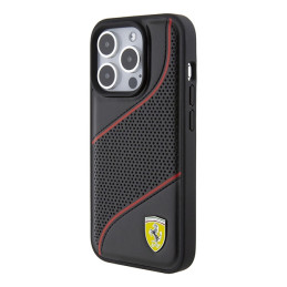 Ferrari Perforated Waves Metal Logo dėklas, skirtas iPhone 15 Pro - juodas
