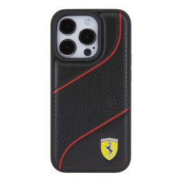Ferrari Perforated Waves Metal Logo dėklas, skirtas iPhone 15 Pro - juodas