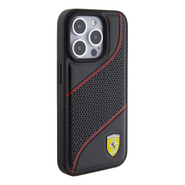 Ferrari Perforated Waves Metal Logo dėklas, skirtas iPhone 15 Pro - juodas