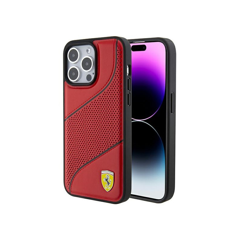 Ferrari Perforated Waves Metal Logo dėklas, skirtas iPhone 15 Pro - raudonas