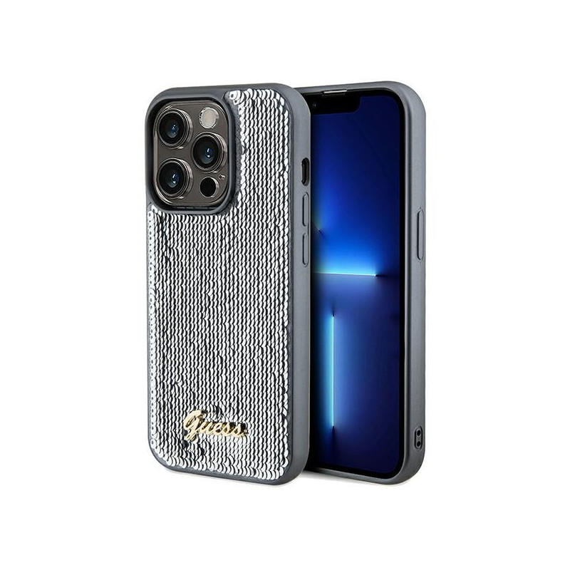 Guess Sequin Script Metalinis dėklas iPhone 14 Pro Max - sidabrinis