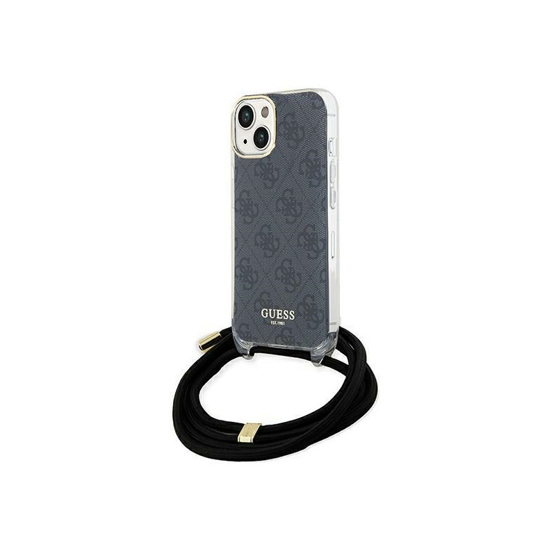 Guess Crossbody Cord 4G spausdinimo dėklas, skirtas iPhone 15/ 14/ 13 – juodas