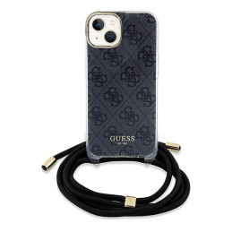 Guess Crossbody Cord 4G spausdinimo dėklas, skirtas iPhone 15/ 14/ 13 – juodas